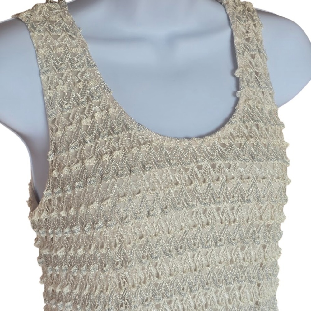 Roz & Ali Crochet Tank Top Women L Champagne Metallic Shimmer Texture Glam Event